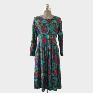 1980s All Week Long Petites Black Purple Green Red Paisley 3/4 Sleeve Dress M